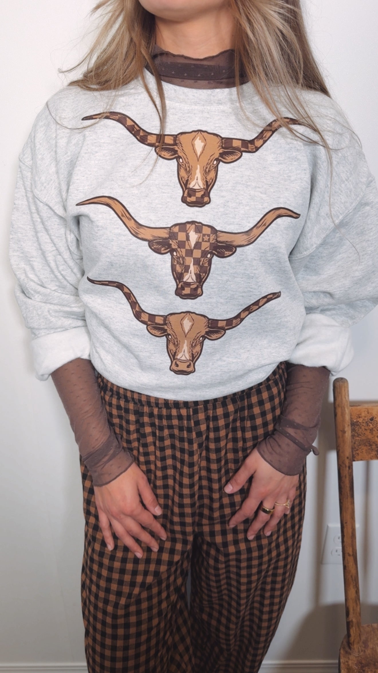 Checkered Long Horn Crewneck