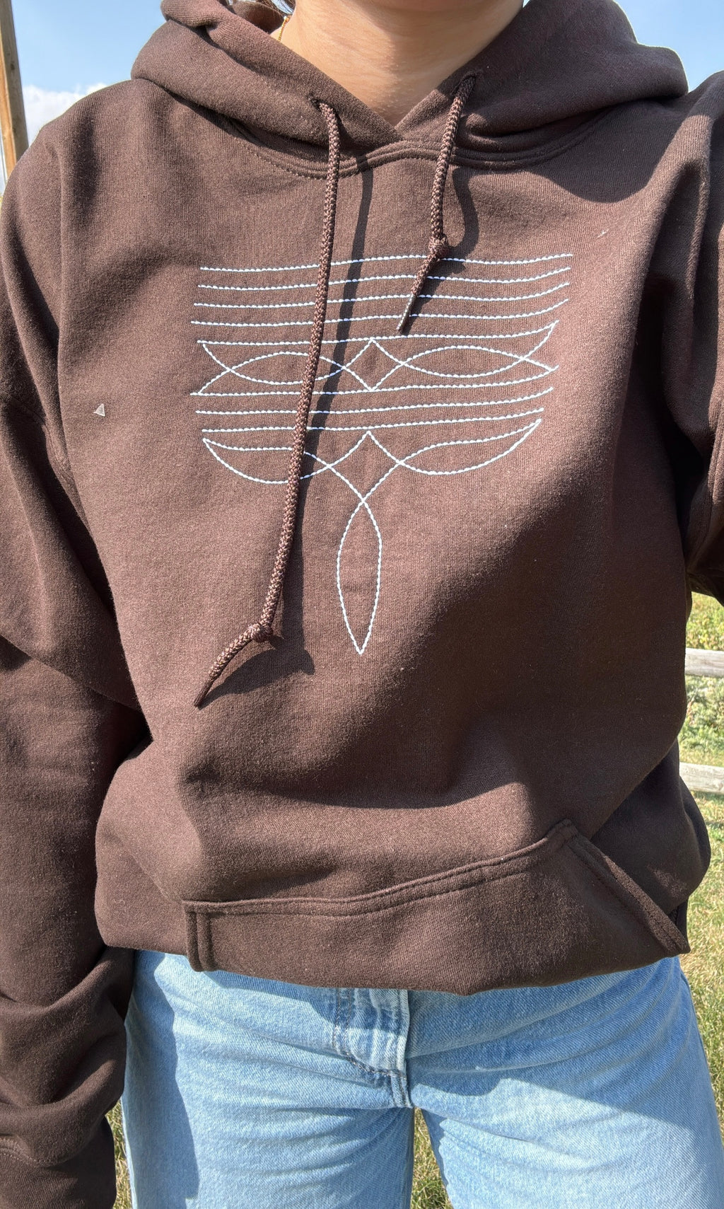 White Boot Stitch On Brown Hoodie