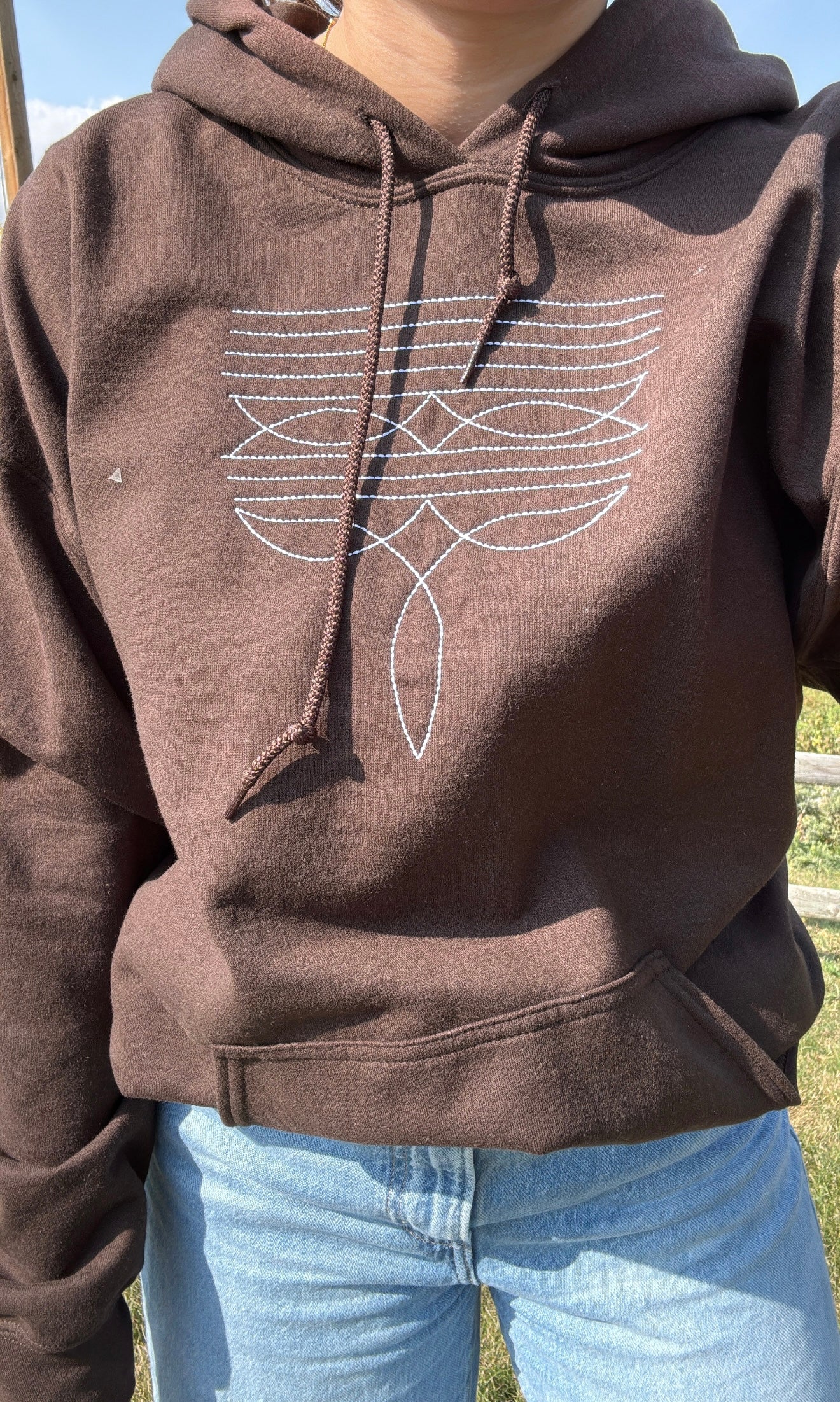 White Boot Stitch On Brown Hoodie